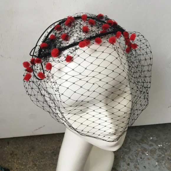 Red Polka Dot and Black Netting Fascinator - Picture 3 of 4